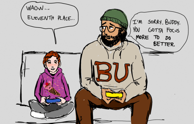 A comic image with a man and a boy sitting together on a couch holding game controllers. The boy is a small white boy with curly dark red hair, freckles, healthy flush to his skin and light brown eyes. he's wearing a purple Hoodie with a cat ice cream cone and sprinkles on it, has purple painted nails, and an awed respectful expression on his face. there is a sense of Killie and Charlie to him but actually the more obvious resemblance is to their father Bill; he also has lighter brown eyes. next to him sits Derek, a large friendly normal-looking guy in a Boston University hoodie. he has glasses and a beard and a knitted beanie. he is very handsome and also quite ordinary. the boy says "waow..... eleventh place." Derek says sympathetically, "I'm sorry , buddy. you have to focus to do better."